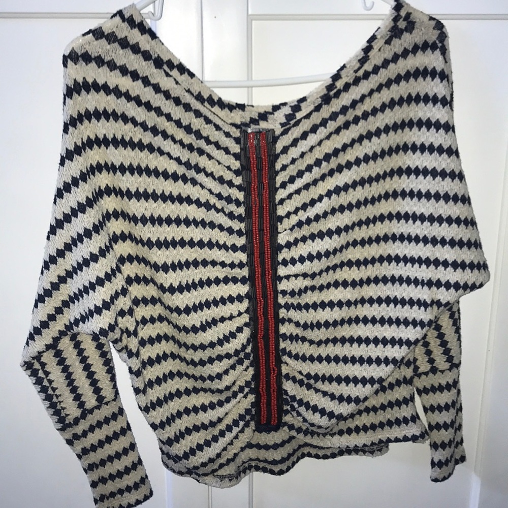 Cream and Navy Blue Sweater W/ Orange Beaded Back